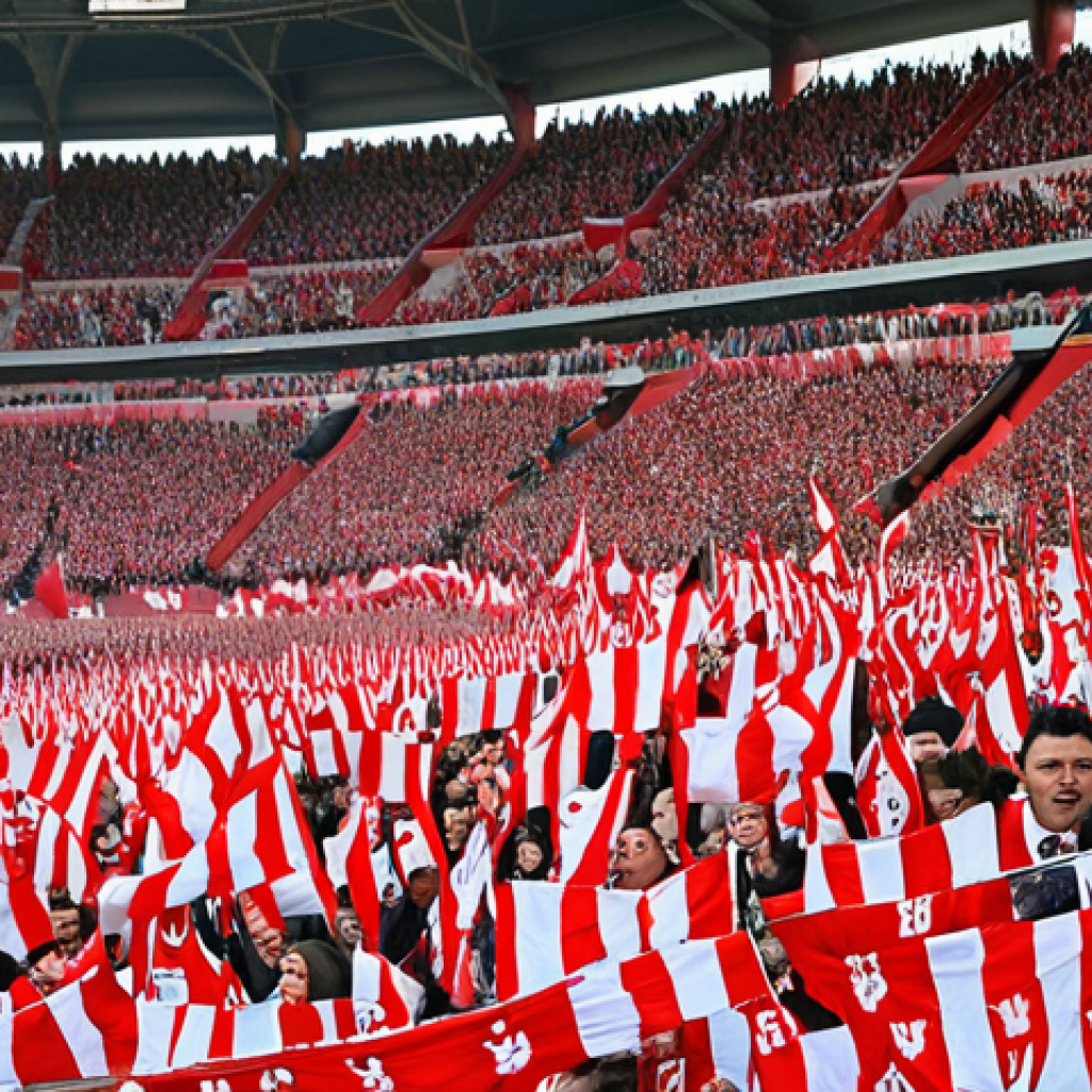 **A packed stadium of Spartak Moscow fans**: Depict a vibrant scene inside Spartak Stadium, filled with passionate fans wearing red and white scarves, cheering and waving flags. Capture the intense energy and excitement of a match day.