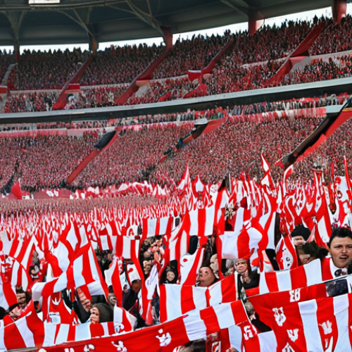 Home 22 **A packed stadium of Spartak Moscow fans**: Depict a vibrant scene inside Spartak Stadium, filled with passionate fans wearing red and white scarves, cheering and waving flags. Capture the intense energy and excitement of a match day.