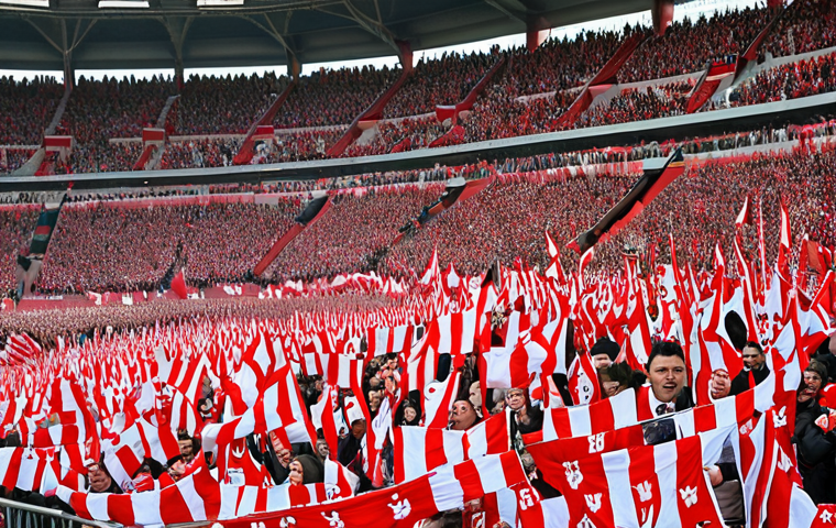 **A packed stadium of Spartak Moscow fans**: Depict a vibrant scene inside Spartak Stadium, filled with passionate fans wearing red and white scarves, cheering and waving flags. Capture the intense energy and excitement of a match day.