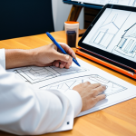 A professional sports apparel designer, wearing modest business casual attire, intently sketching new football jersey concepts on a large digital tablet in a bright, modern design studio. The studio is filled with mood boards showcasing diverse inspirations like historic architecture, natural landscapes, and abstract patterns. Color swatches and fabric samples are neatly arranged on the desk. The scene emphasizes creativity and innovation. The designer is fully clothed, appropriate attire, safe for work, appropriate content, professional, perfect anatomy, correct proportions, natural pose, well-formed hands, proper finger count, natural body proportions, high quality photography, soft studio lighting.
