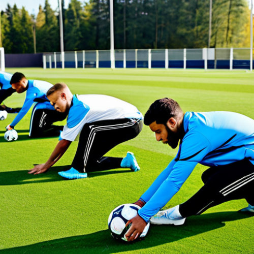 Home 11 Dynamic Warm-up**
"A group of male soccer players in athletic training wear, performing dynamic stretching exercises on a well-maintained grass field, stadium in the background, daytime, sunny weather, safe for work, appropriate content, fully clothed, professional athletic training, perfect anatomy, natural proportions, well-formed hands, proper finger count."
**