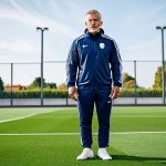 축구 유니폼 컬렉션 관리법 - **Prompt:** A professional soccer coach in a fully clothed tracksuit, standing on a well-maintained ...