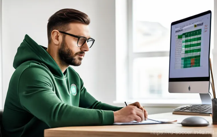 축구 블로그 콘텐츠 제작 캘린더 - The Dedicated Football Strategist's Hub**
A medium shot of a focused male blogger (30s) sitting at a...