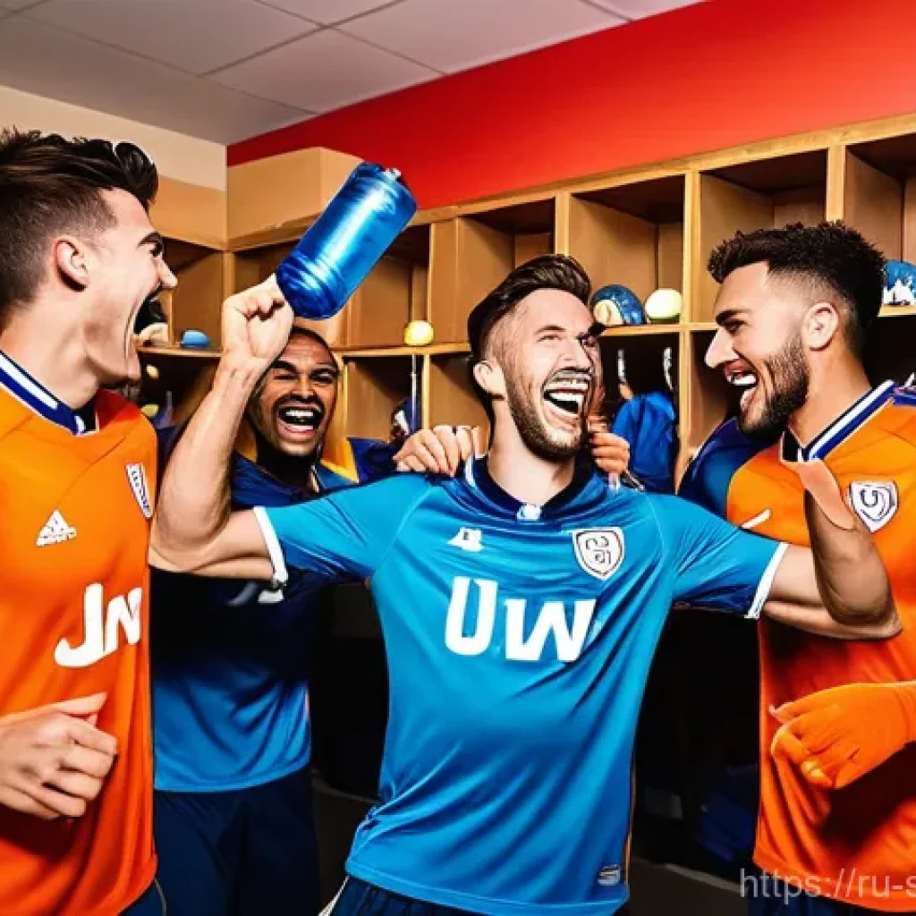 축구 관련 트렌드 소셜미디어 활용법 - **Prompt:** A vibrant, dynamic scene inside a modern football team locker room after a significant v...