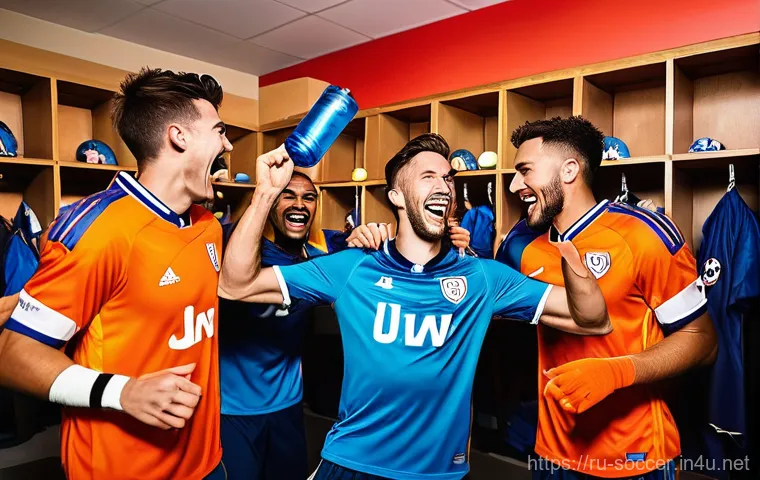 축구 관련 트렌드 소셜미디어 활용법 - **Prompt:** A vibrant, dynamic scene inside a modern football team locker room after a significant v...