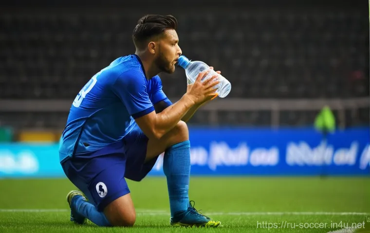 축구 경기 중 수분 섭취 요령 - A male football player in his mid-20s, actively engaged in a match, takes a quick, vital drink from ...