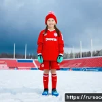 축구 유니폼 세트 구매 팁 - **Prompt:** A young girl, around 7 years old, wearing a child-sized FC Spartak Moscow soccer uniform...