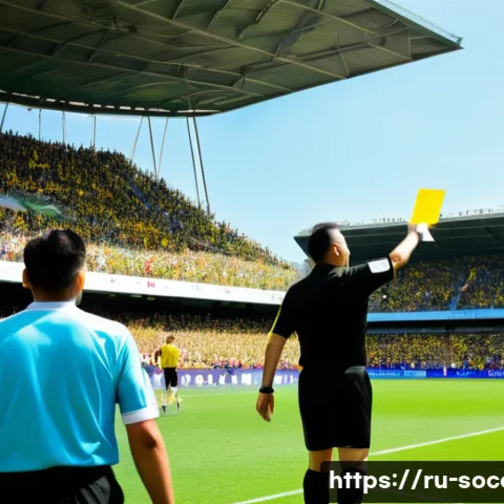 축구 규칙 완벽 정리 - A dynamic soccer referee on a lush green football pitch during a daytime match, wearing a black refe...