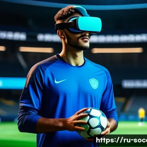 축구 기술 트렌드 분석 - A young male soccer player wearing high-tech VR goggles and sportswear, immersed in a virtual footba...