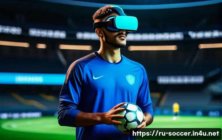 축구 기술 트렌드 분석 - A young male soccer player wearing high-tech VR goggles and sportswear, immersed in a virtual footba...