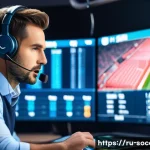 축구 경기 중계 해설 팁 - A professional sports commentator in a modern broadcasting studio, wearing a smart casual outfit wit...