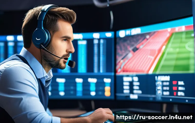 축구 경기 중계 해설 팁 - A professional sports commentator in a modern broadcasting studio, wearing a smart casual outfit wit...