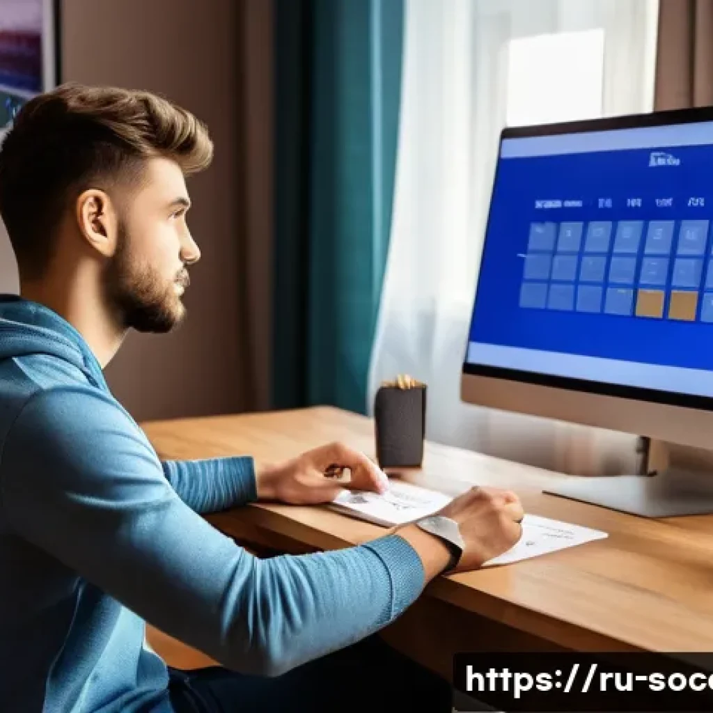 축구 경기 예매 팁 - A detailed scene of a young adult man sitting at a desk in a cozy home office, focused on purchasing...