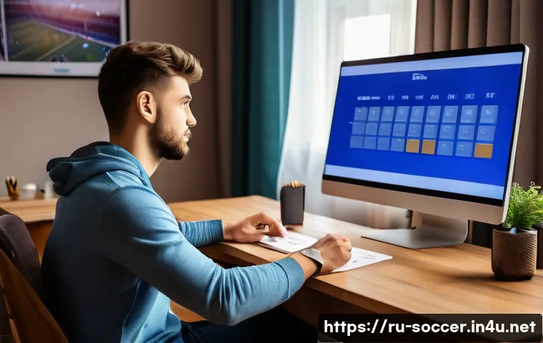 축구 경기 예매 팁 - A detailed scene of a young adult man sitting at a desk in a cozy home office, focused on purchasing...
