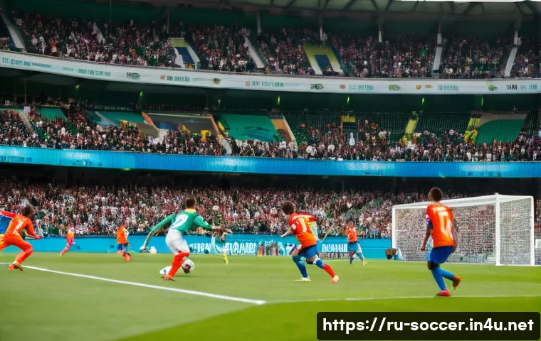 축구 전술 가이드 - A dynamic soccer match scene illustrating the 4-3-3 tactical formation on a lush green stadium pitch...