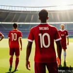 Home 22 축구를 통해 배우는 리더십 - A dynamic soccer scene on a vibrant stadium field during a tense match, focused on a team captain ac...