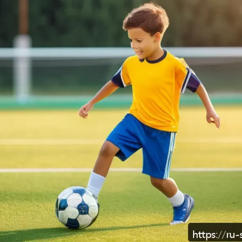 유소년 축구 코칭 가이드 - A joyful young child wearing a colorful soccer uniform and soccer shoes, practicing basic ball contr...