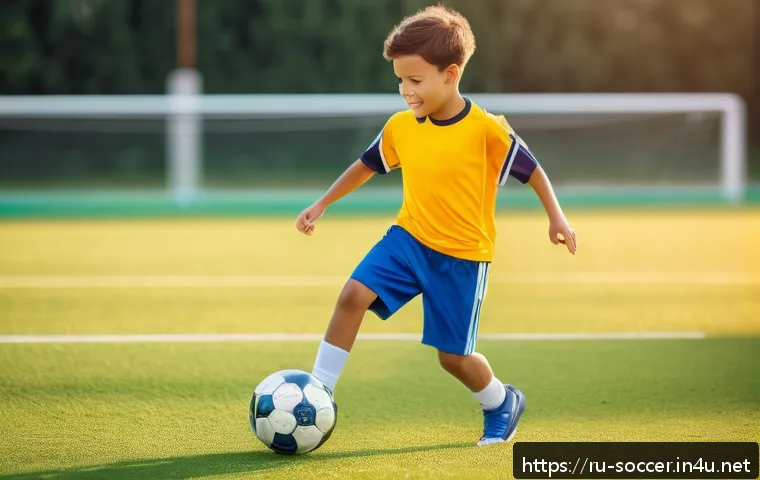 유소년 축구 코칭 가이드 - A joyful young child wearing a colorful soccer uniform and soccer shoes, practicing basic ball contr...