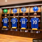 Home 19 축구 클럽 팬 아이템 제작법 - A cozy fan room interior decorated with football club memorabilia: walls adorned with framed autogra...