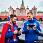 Home 23 축구 마케팅 성공 사례 - A vibrant digital football fan engagement scene showing diverse young Russian fans interacting with ...