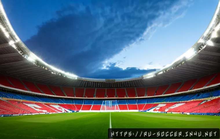 Home 17 축구 경기장 LED 조명 시스템 - Photorealistic wide-angle view of a modern football stadium in Russia at blue-hour dusk, powerful LE...